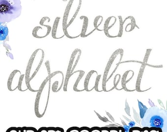 Könnte beinhalten: Silberner Glitzer-Alphabet-Clipart im PNG-Format mit 300 DPI. Die Buchstaben sind in einer kursiven Schriftart gehalten und von Aquarellblumen in Blau- und Lilatönen umgeben.