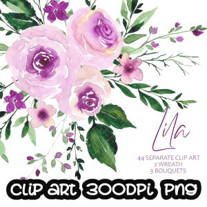 Aquarelle rose rose violet fleurs d&#39;Aquarell couronne de fleurs bouquet numérique Clipart mariage cadres usage commercial gratuit PNG