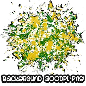 Pode incluir: Fundo abstrato com respingos de tinta verde e amarela sobre um fundo branco. Os respingos têm forma circular e um efeito grunge. O texto "BACKGROUND 300DPI PNG" está na parte inferior da imagem.