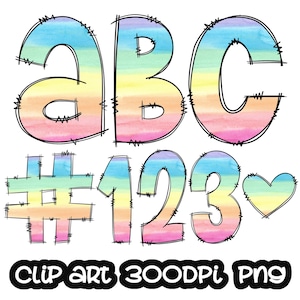 Doodle Letters Rainbow Ombre Clipart, Letters Clip art, Digital Clipart, Numbers clip art, Bundle Alphabet, Font PNG