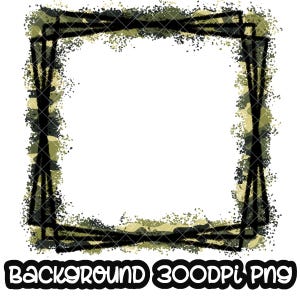 May include: A digital background image with a camouflage pattern border. The border is a dark green and black camouflage pattern with a black outline. The background is white.