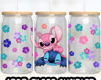 Anime Cartoon Stitch Angel Cup PNG File DIGITAL DOWNLOAD 16oz Glass Tumbler Design, 16oz Libby Cup Wrap