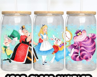 May include: Three glass tumblers with wooden lids and straws, each featuring a different character from Alice in Wonderland. The characters include the Queen of Hearts, Alice, the White Rabbit, the Cheshire Cat, and the Mad Hatter. The text "16oz Glass Tumbler" is at the bottom.