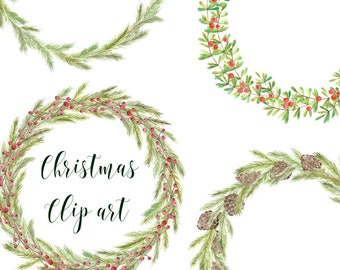Wreath Christmas Clip art, Handpainted watercolor, Digital clipart, Hollyday, PNG
