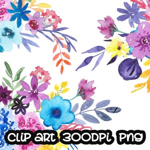 Wateracolor Flowers Floral Digital Clipart Aquarelle Bright Spring Summer Wreaths Bouquets Pink Blue Free Commercial Use