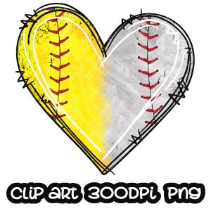 May include: A yellow and white heart-shaped softball with red stitching. The heart is drawn in a cartoon style with a distressed look.