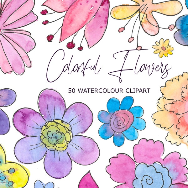 Watercolour Flower Wateracolor Floral Digital Clipart Children aquarelle Pink Blue Violet Yellow Free Commercial Use PNG