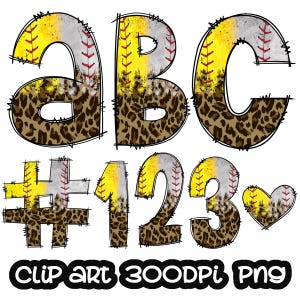 Softball Baseball Leopard Doodle Letters Clipart, Letters Clip art, Sports Digital Clipart, Numbers clip art, Bundle Alphabet, PNG