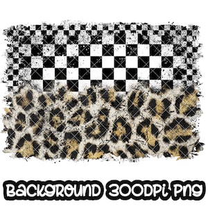 Op de afbeelding: Een digitale achtergrondafbeelding met een zwart-wit geruit patroon bovenaan en een luipaardprintpatroon onderaan. De afbeelding heeft een verweerde, vintage uitstraling.
