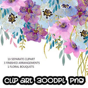 Aquarel, bloem, bloemen, blad, krans, boeket, digitale illustraties, gouden glitter confetti Gratis commercieel gebruik, png