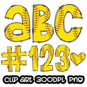 Letras de Softball Doodle Clipart, Letras Clip art, Esportes Clipart Digital, Números clip art, Pacote Alfabeto, PNG