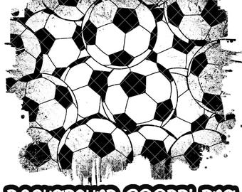 May include: Black and white grunge background with a pattern of soccer balls. The background is a distressed, textured design with a faded, worn look.
