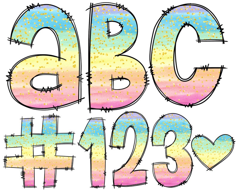 Doodle Letters Rainbow Ombre Clipart Glitter Confetti Letters Etsy
