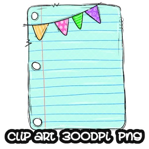 Puede incluir: Una hoja de papel rayado azul claro con una fila de banderas de papel de colores en la parte superior. Las banderas son naranja, rosa con lunares blancos, verde y morado. El papel tiene tres agujeros en el lado izquierdo.