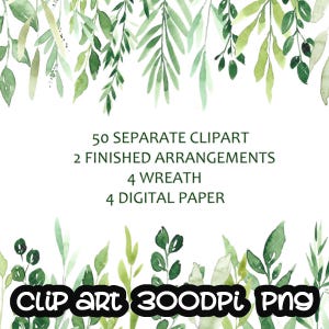 Watercolor Leaves Branches Greenery Foliage Floral Clip art Digital paper Frames Wreath Free Commercial Use PNG