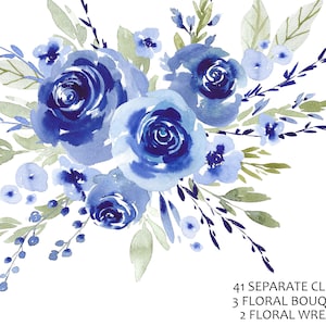 Watercolor rose blue, flowers, floral, wreath, bouquet, digital clipart, cards, wedding, frames Free Commercial Use PNG image 1