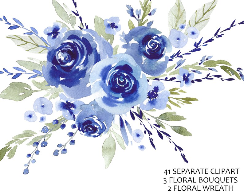 Watercolor rose blue, flowers, floral, wreath, bouquet, digital clipart, cards, wedding, frames Free Commercial Use PNG image 1