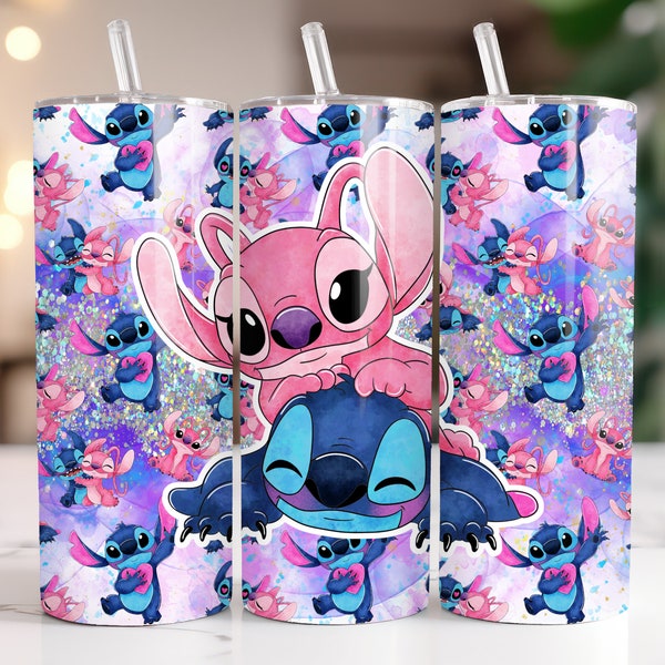 Anime Cartoon Stitch Angel 20oz Skinny Tumbler Wrap, Rechte en taps toelopende Tumbler Design Sublimatie Download PNG