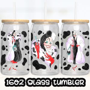 Archivo PNG de taza de Cruella de Vil con dibujos animados de anime 101 dálmatas, descarga digital, diseño de vaso de vidrio de 16 oz, envoltura para taza Libby de 16 oz