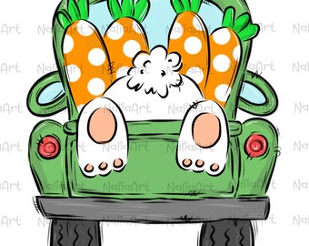 Truck Green Bunny Easter Sublimation Carrot PNG Hand Drawn Design