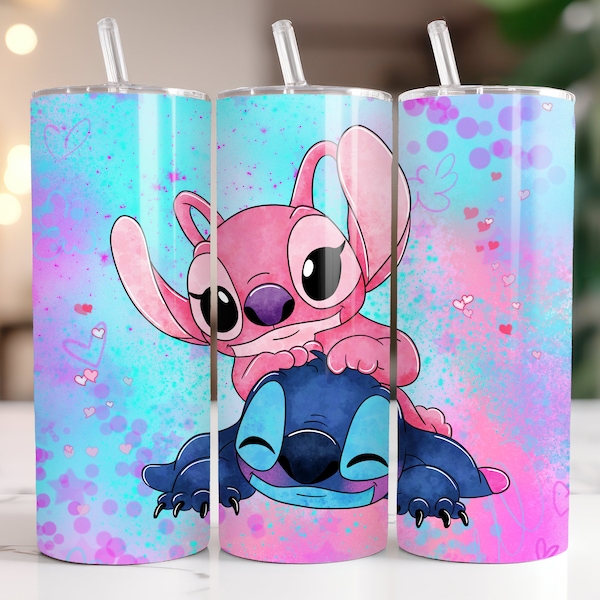 Anime Cartoon Stitch Angel 20oz Skinny Tumbler Wrap, Straight&Tapered Tumbler Design Sublimation Download PNG