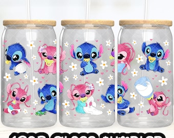 Anime Cartoon Stitch Angel Cup PNG File DIGITAL DOWNLOAD 16oz Glass Tumbler Design, 16oz Libby Cup Wrap