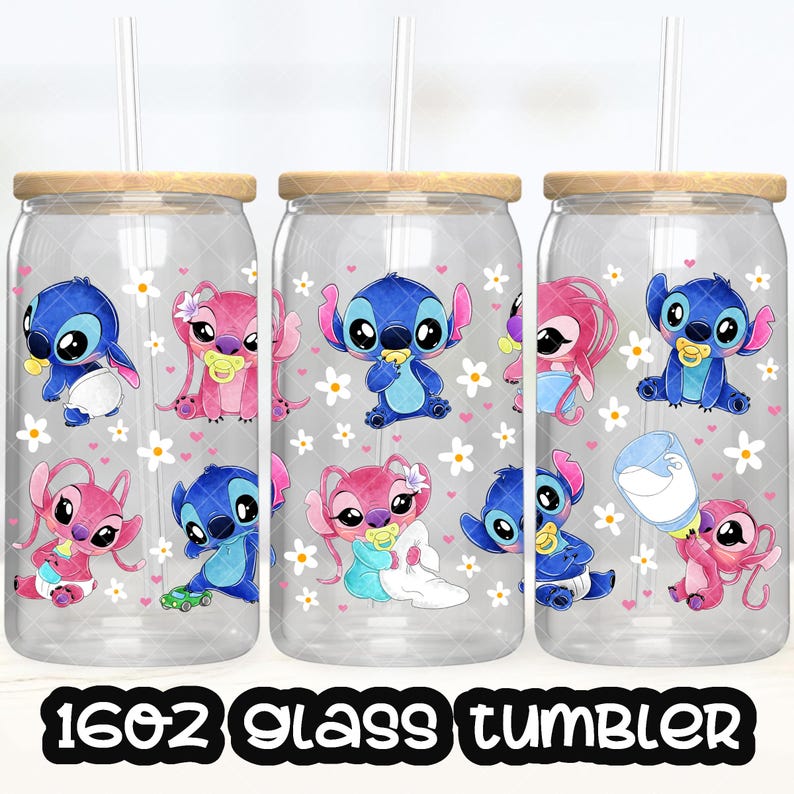 May include: Three clear glass tumblers with a wooden lid and a straw. Each tumbler features a different cartoon design of Stitch and Angel from the Disney movie Lilo & Stitch. The designs include Stitch and Angel holding a pacifier, Stitch holding a bottle, and Angel holding a blanket.
