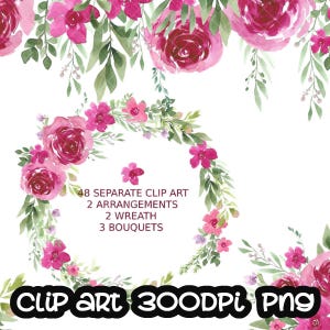 Watercolor rose pink, flowers, floral, wreath, bouquet, digital clipart, cards, wedding, frames Free Commercial Use PNG