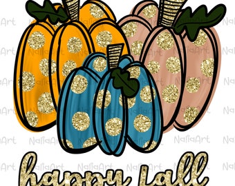 Fall Pumpkin Halloween Sublimation PNG Gold Glitter I Hand Drawn Design Happy Halloween I Fall Design