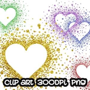 May include: Four glitter heart shapes in different colors: green, gold, purple, and pink. The hearts are outlined in white and have a white background.