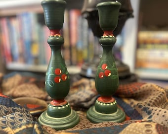 Vintage Wood Candleholders with Handpainted folk art designs (2)