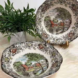 May include: Two brown and white ceramic bowls with a floral pattern and a country scene with a red barn and a waterfall. The bowls are on a white fuzzy surface.