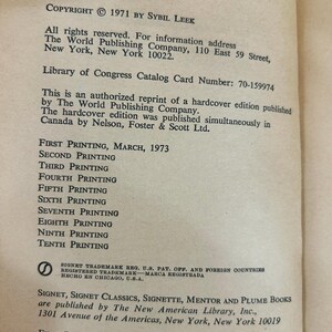 May include: A page from a vintage book with text including "COPYRIGHT &copy; 1971 BY SYBIL LEEK" and "FIRST PRINTING, MARCH, 1973". The text is printed in black ink on aged, off-white paper. The book is from The World Publishing Company.