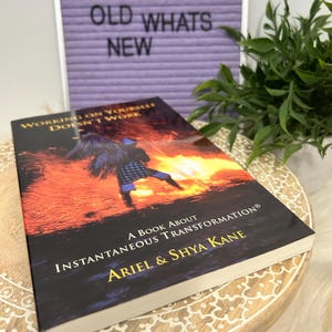 May include: A book titled "Working on Yourself Doesn't Work: A Book About Instantaneous Transformation" by Ariel & Shaya Kane. The cover features a person walking through a fiery landscape.