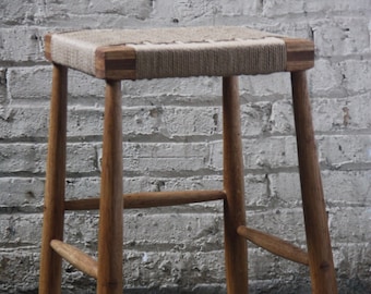 Mid-Century Windsor Bar Stool: Oak & Danish Cord Kitchen Island Stool
