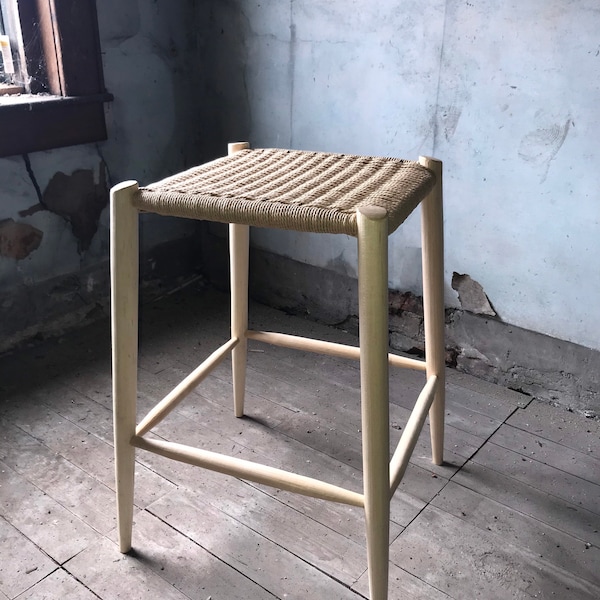 Mid-century Post and Rung stool. Danish Cord modern minimalist white farmhouse kitchen hallway bar counter breakfast