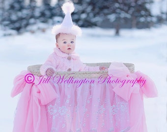 DIGITAL Background for Baby child infant newborn kid photo photography prop for photographers: Pink Chiffon Bassinet in Snow