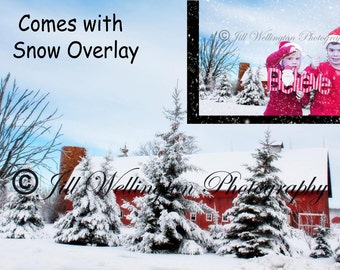 Digital snow background, backdrop, comes with snow overlay, red, barn for photographers