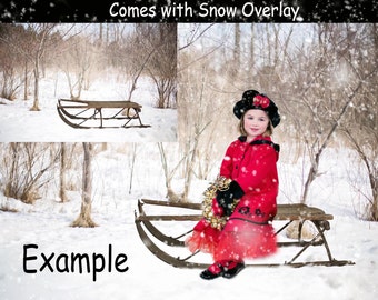 DIGITAL background backdrop for children, kids, infants, newborns photography prop: Antique Sled in Snow with Snow Overlay