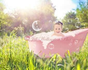 DIGITAL Background for Baby child infant newborn kid photo photography prop for photographers: Pink Tub in Field