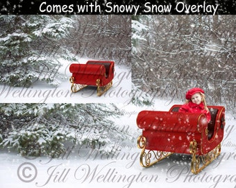DIGITAL Background for Christmas, Winter, with red sleigh, for photography, photographers, photos:  Christmas Red Sleigh