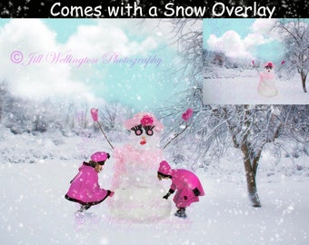 DIGITAL Winter Background, backdrop, snow woman, snowman, snowy, for children, photographers, photography, photos, composites