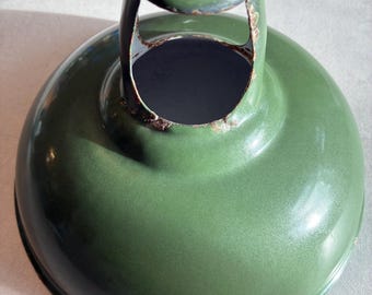 Mid-century green enamel industrial pendant lampshade, vented top, likely 1950s–1970s