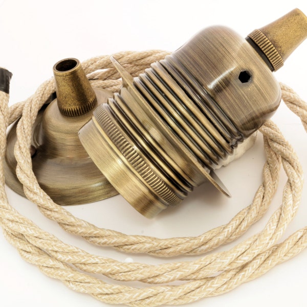 Vintage Styled Ceiling Pendant Kit incl. Antiqued Brass Finish Rose and E27 Bulb Holder with 3 Core Braided Twisted Flex