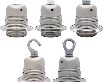 E27 Metal and Ceramic Earthed Lamp Bulb Holder in Bright Nickle Finish