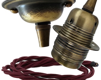 Vintage Style Brass Hand-Antiqued  Ceiling Pendant Light Kit with Twisted Flex in a range of colours.