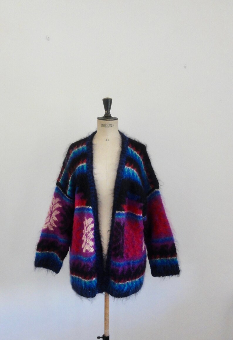 90s oversized aztec fluffy mohair cardigan sweater unisex one size surfer grunge steetwear