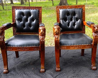 Vintage Pair Of Beardsley Lion Head Hand Carved Arm Chairs
