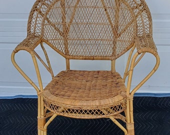 Mid Century Albini Style Bohemian Wicker Bamboo Peacock Desk Side Arm Chair