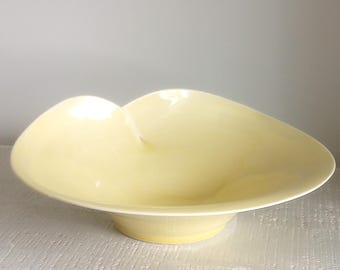 Unique Hand Made Art Deco Pottery Large Folded Yellow Ceramic Signed Bowl